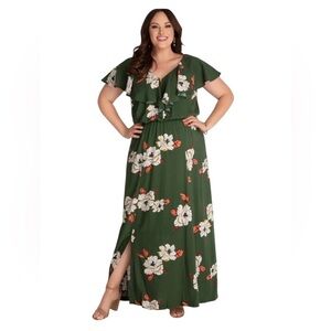 Kiyonna NWT Willow Olive Green Floral Ruffle Maxi Dress